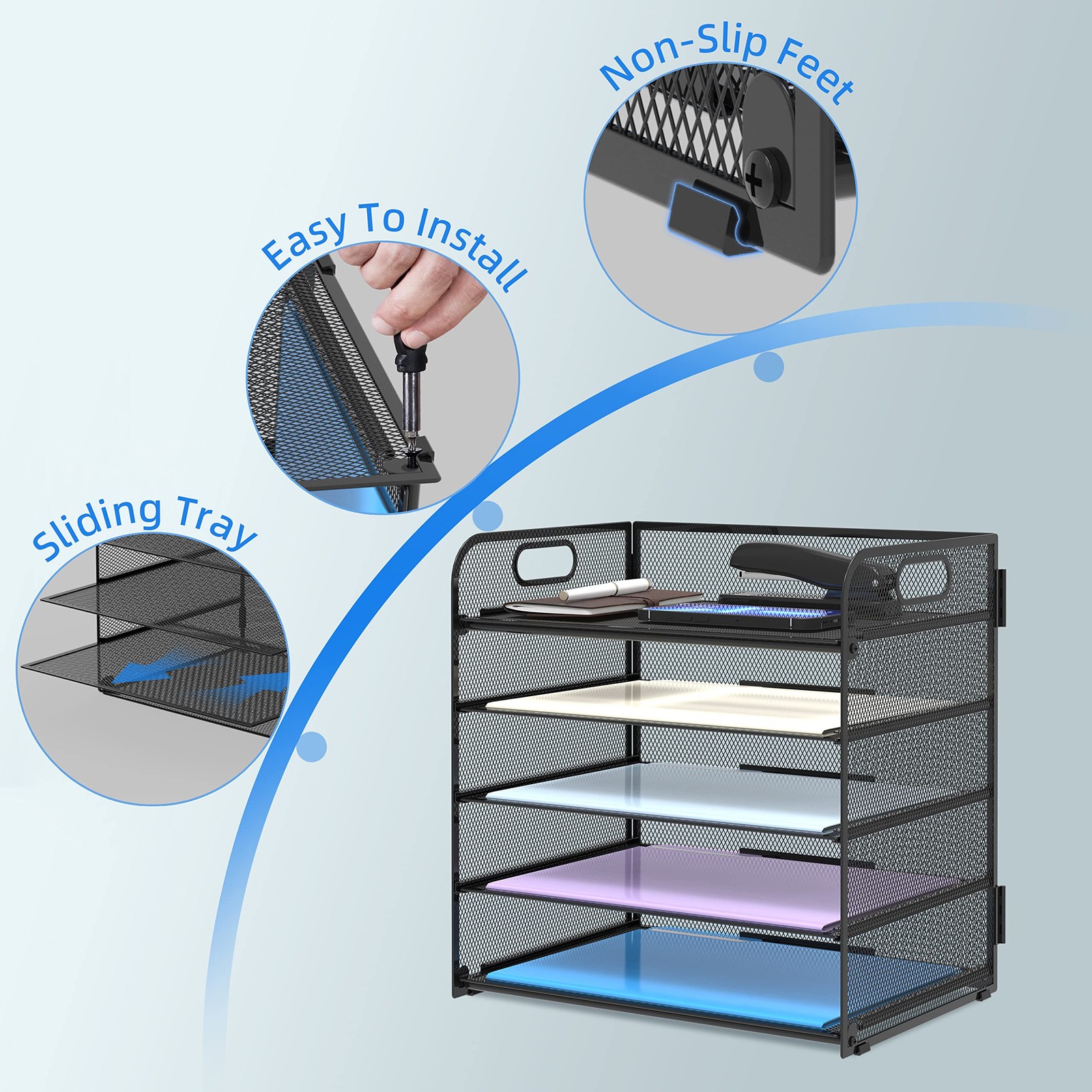 Mesh Desk File Organizer with Five Trays and Handle Paper Sorter for Office