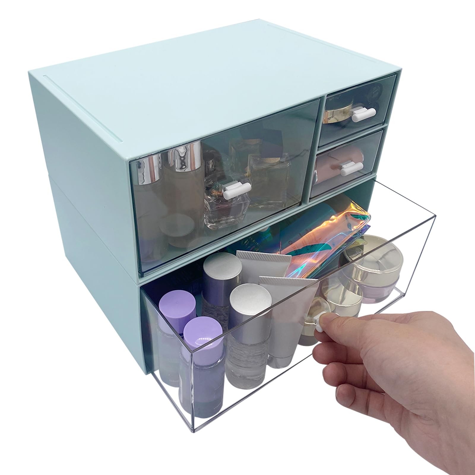 Marknor Desk Organizer with 4 Drawers, Makeup Organizer, Plastic Blue