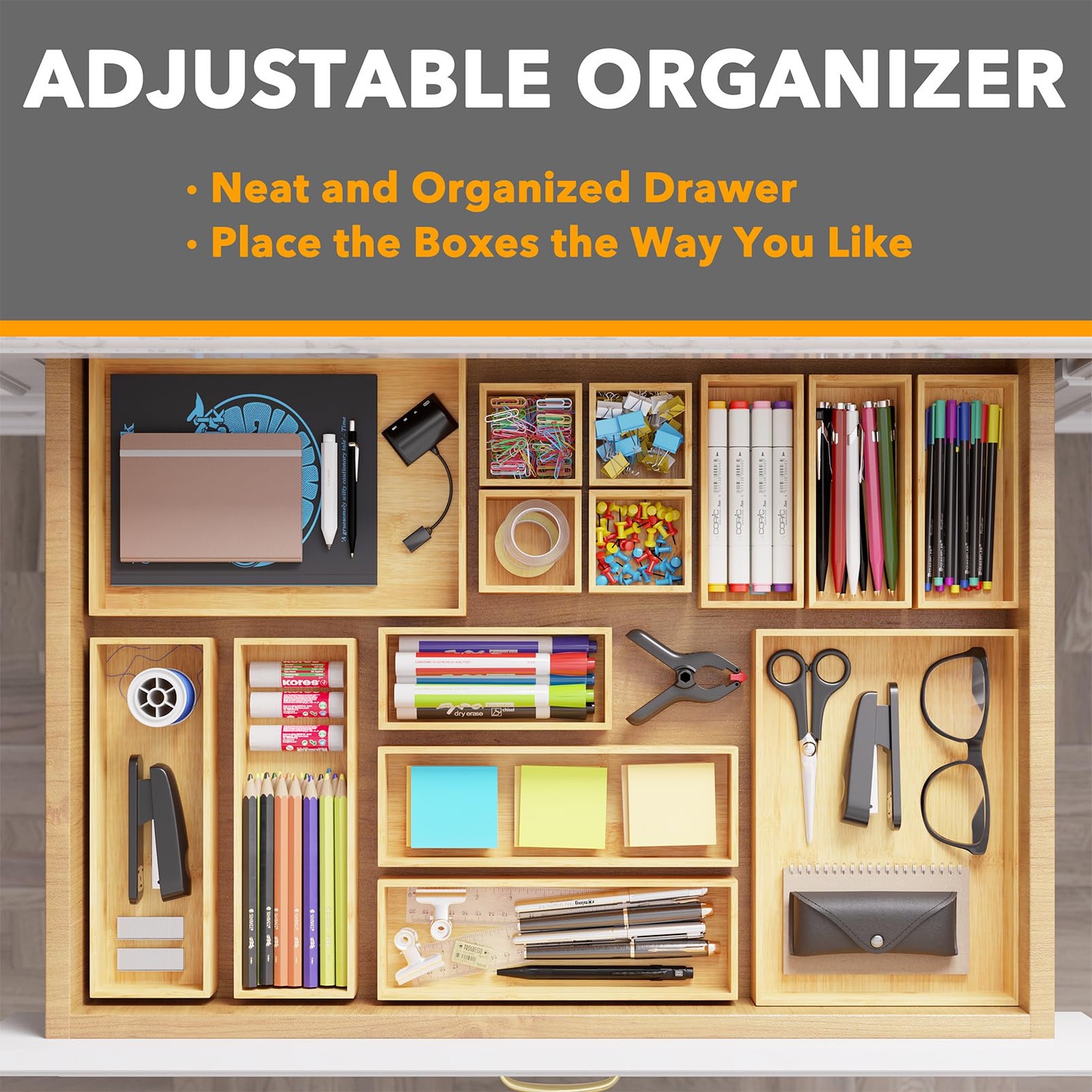 SpaceAid 14-Piece Bamboo Drawer Organizer Storage Boxes 14-Piece, Natural