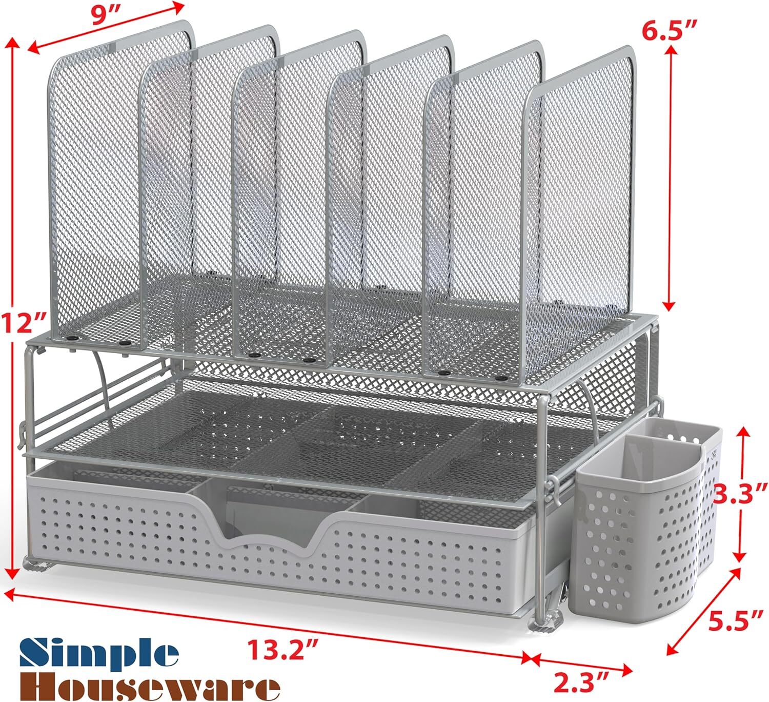 Mesh Desk Organizer with Sliding Drawer, Double Tray & 5 Upright Sections-Silver