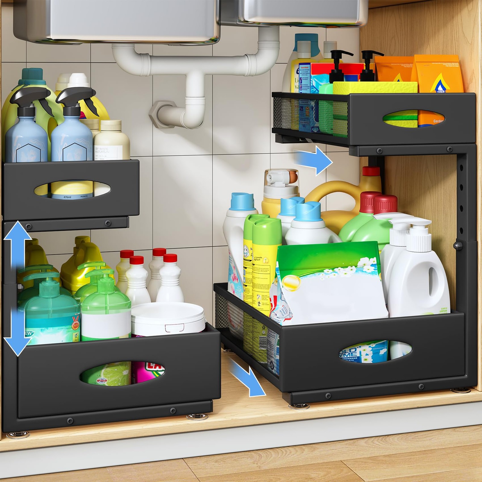 Under Sink Organizer, 2 Pack 2 Tier Pull Out Cabinet 2-Pack, Black