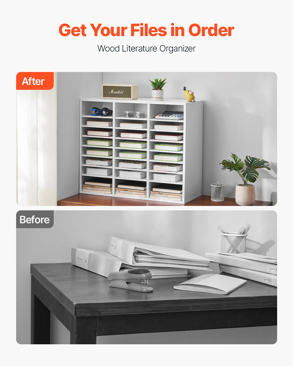Wooden Literature Organizer 24 Compartments with Adjustable Shelves White