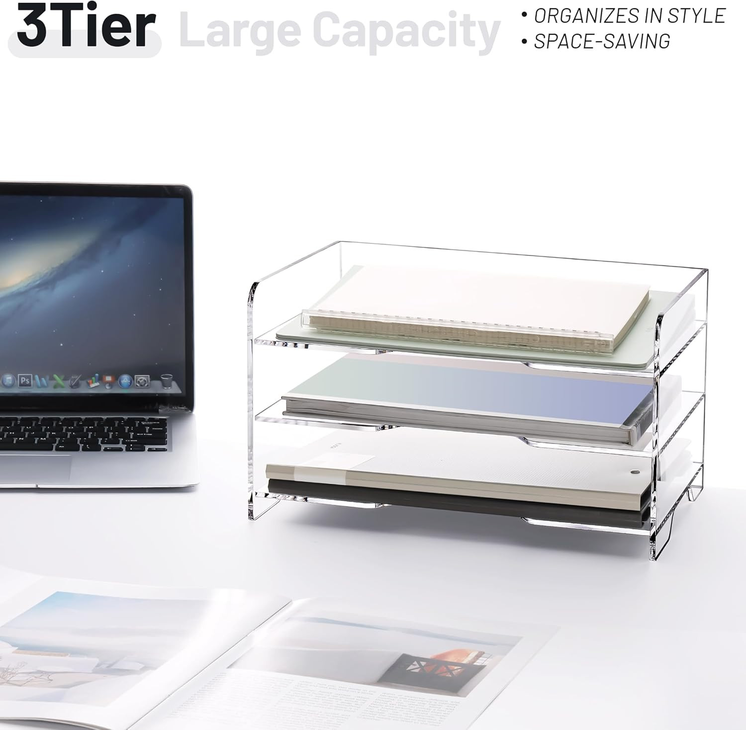 Clear 3-Tier Acrylic Letter Tray Organizer with Handle for Office Files