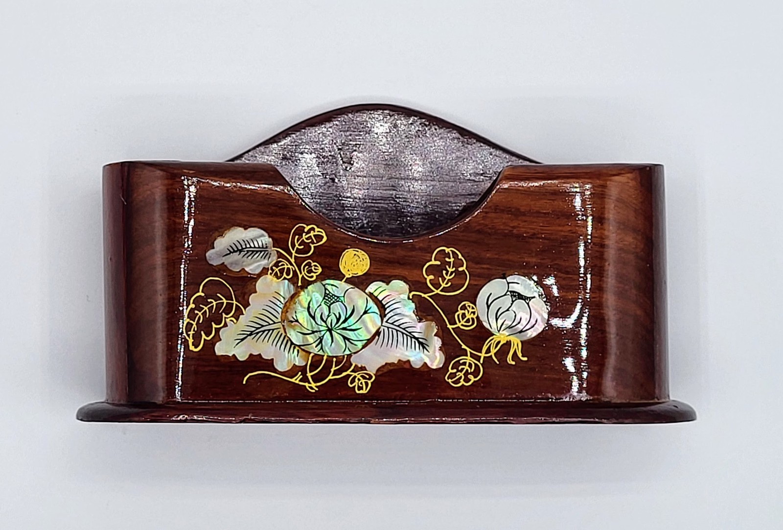 Vintage Pen & Business Card Holder Lacquer Wood w/ Floral Mother-Of-Pearl Inlay
