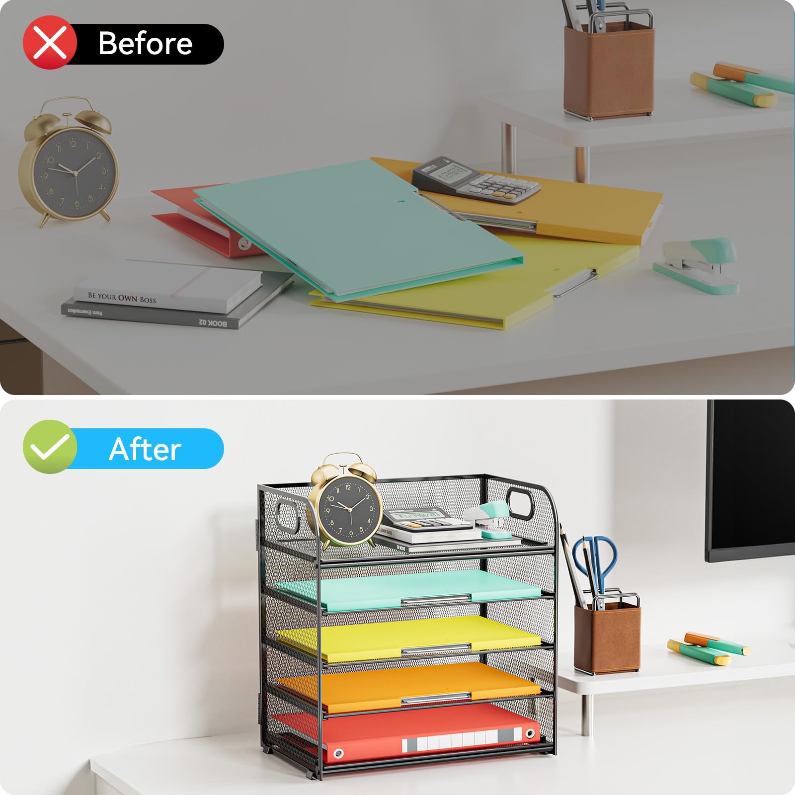 Kinkota Paper Organizer Letter Tray with Handle, 5-Tier Black Stackable Desk …