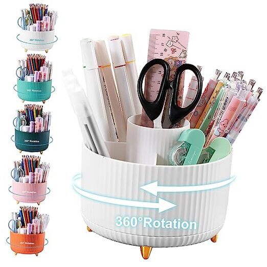 Pencil Holder For Desk,5 Slots 360°Degree Rotating Desk Organizers And B-White