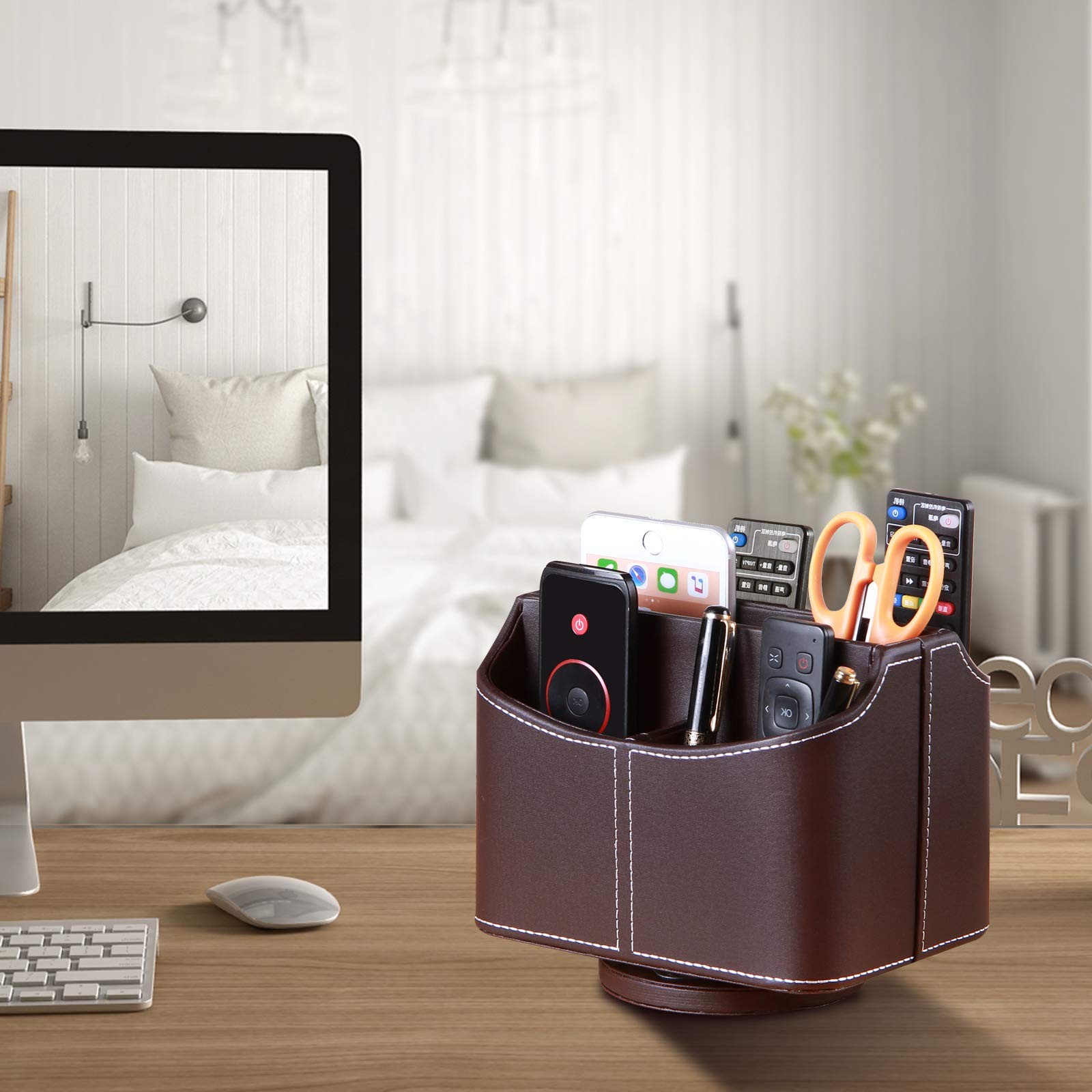 Leather Remote Control Holder 360 Degree Spinning Desk TV Remote Caddy