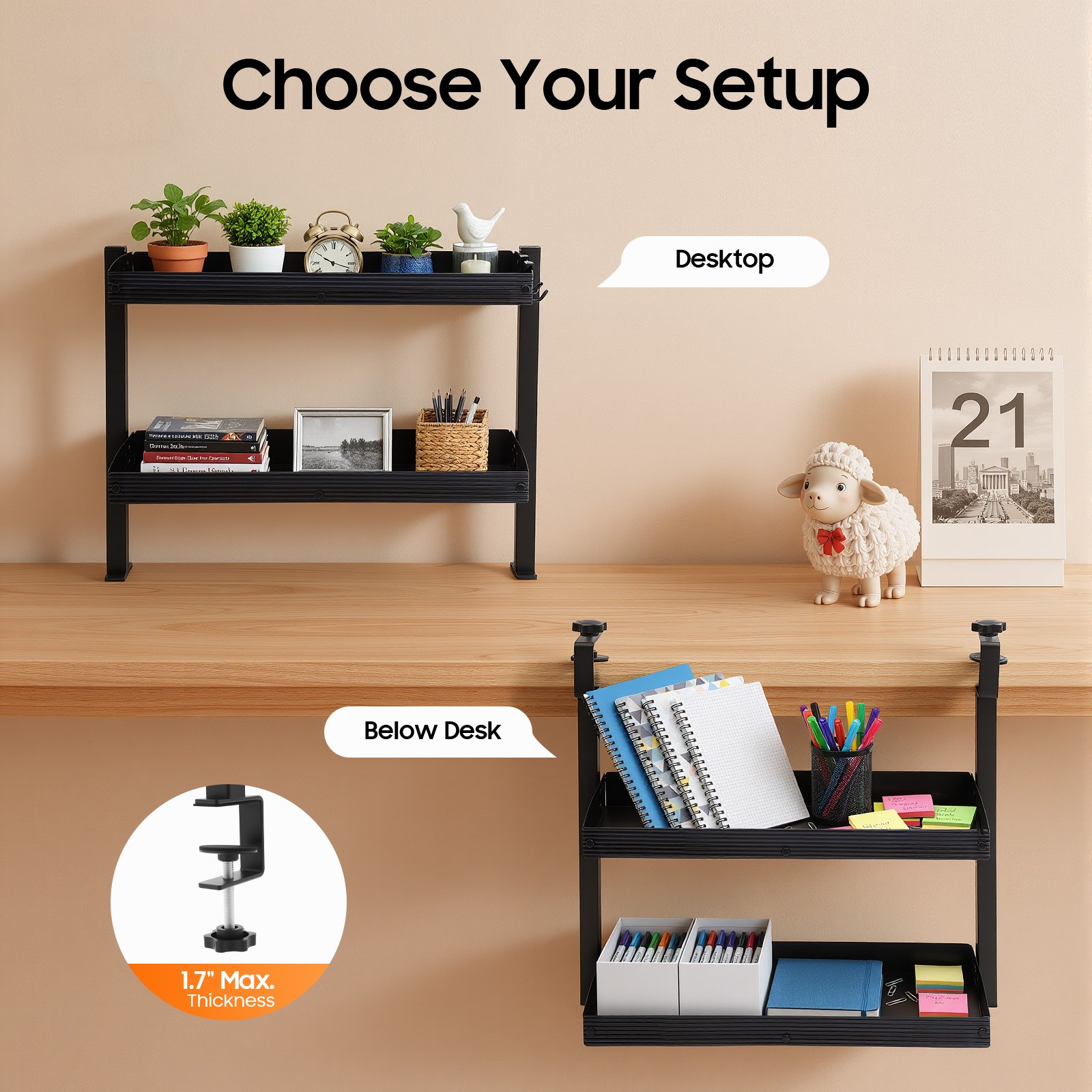 Desktop or Under-Desk Shelf Clamp-on 2-Tier Shelving W/ Adjustable Storage Tray