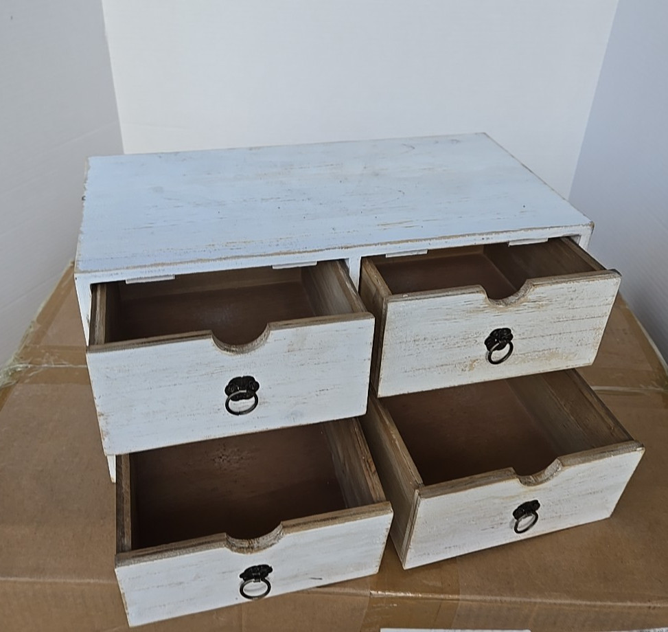 SeekElegant Wooden Desktop Organizer w/ 4 Drawers, White Washed NEW (40B)