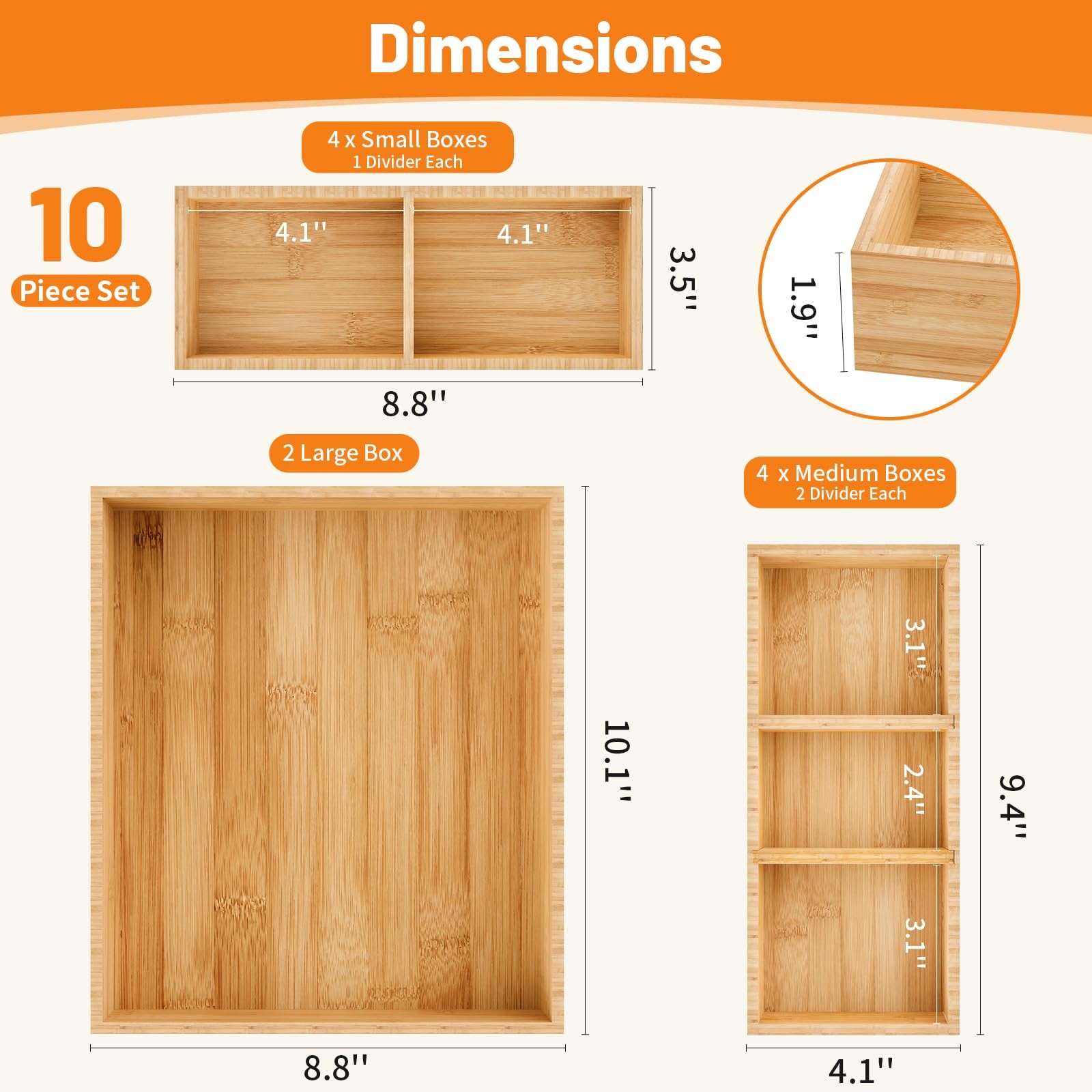 Bamboo Drawer Organizer Set, 10Piece, Stackable Divider for Kitchen & Office