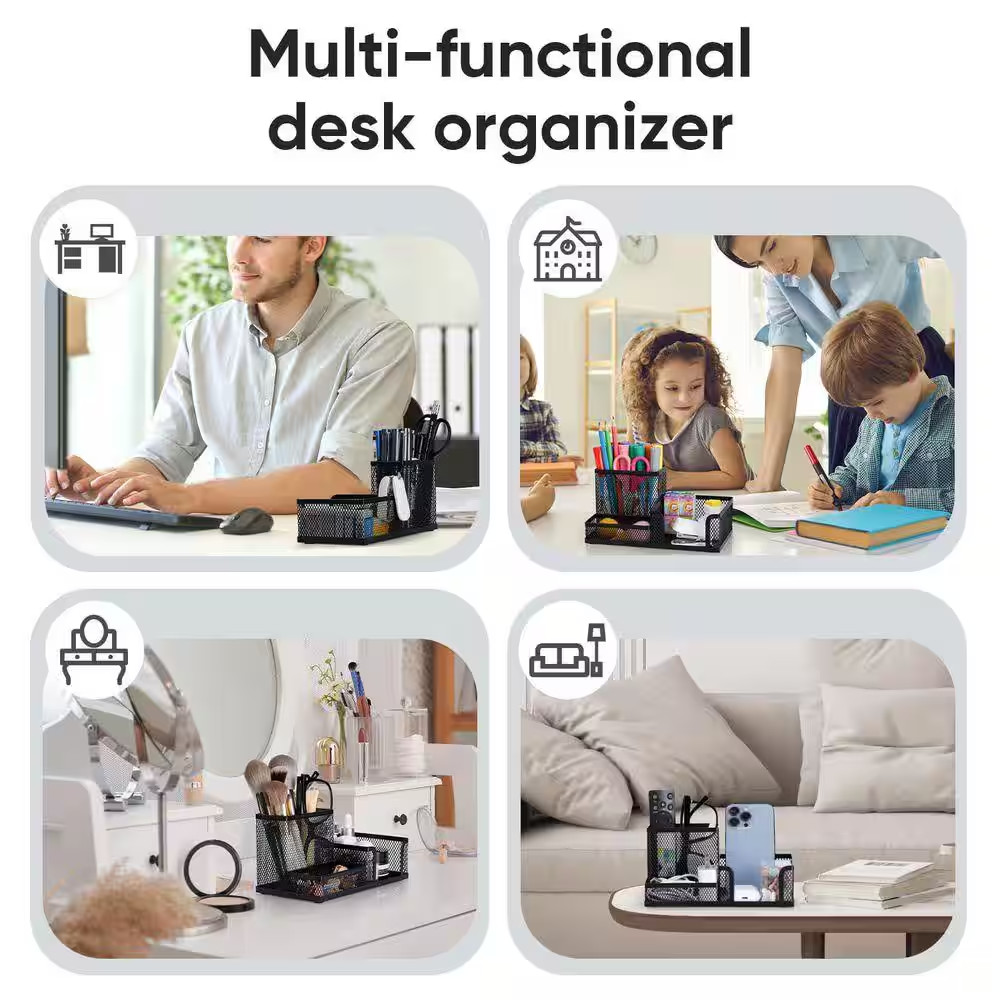 Black 7.87 In. X 11.22 In. Steel Wire Mesh Desk Organizer with 3 Compartments fo