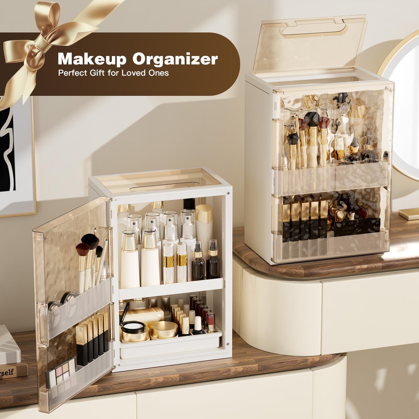AERCIINC Makeup Organizer with Drawers and Lid, 9.9”L × 7.3”W × 7.9”H, White