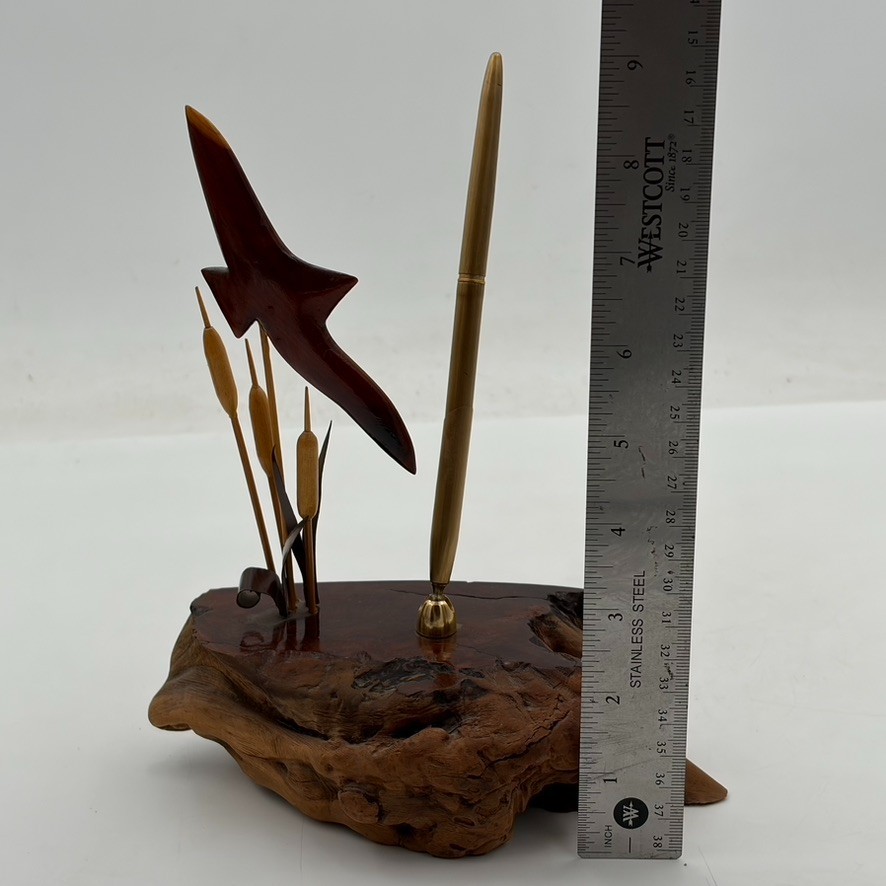 VTG Burl Wood Cattail Bird Desk Organizer Box Brass Pen Holder Mid Century MCM