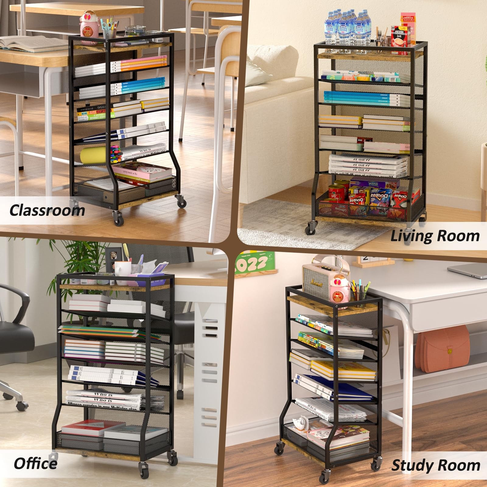 7 Tier Rolling File Cart with Sliding Trays, Wood Metal File Organizer Beside…