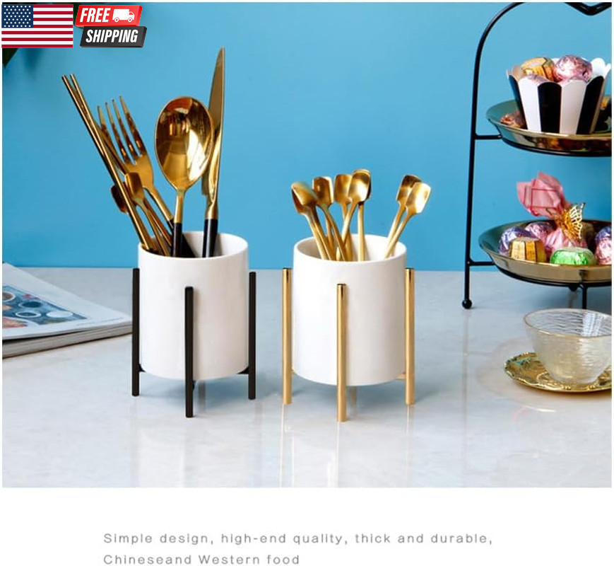 Gold Pencil Cup Sturdy Metal Frame with White Ceramic Pen Holder for Desks and K