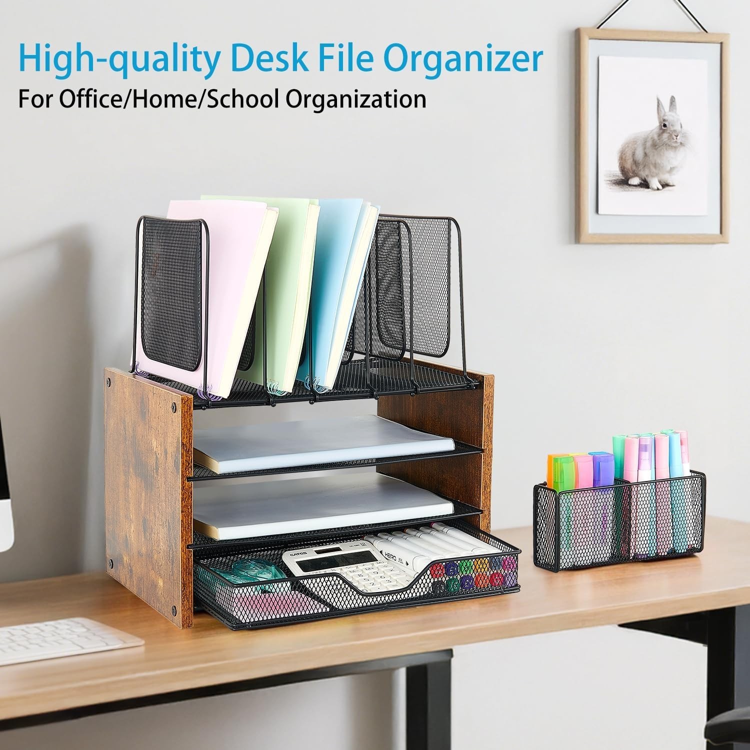 Desk Organizer, 4-Tier Desktop File Organizer with Drawer and 2 Pen Holders, …