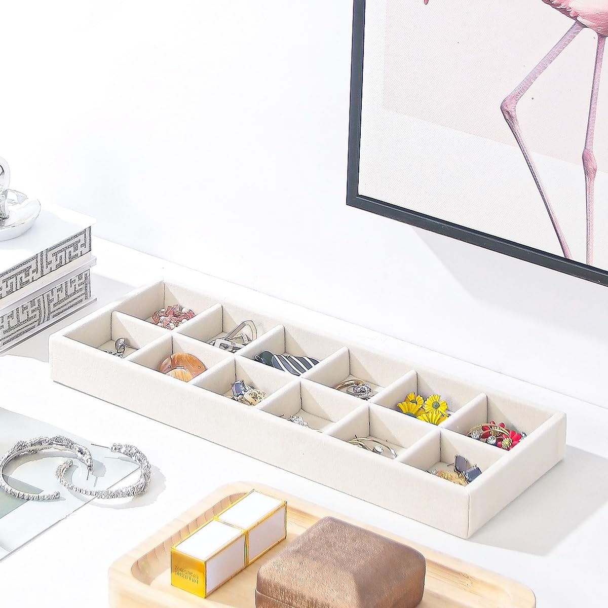 2Pcs Desk Drawer Storage Tray, Nightstand Organizer 12 Grid, Beige