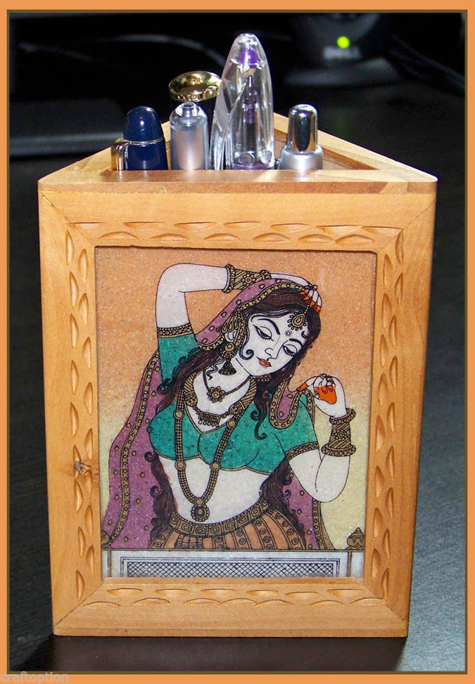 THREE GEMSTONE PAINTING ON A TRIANGLE PEN PENCIL HOLDER/STAND FROM INDIA!!