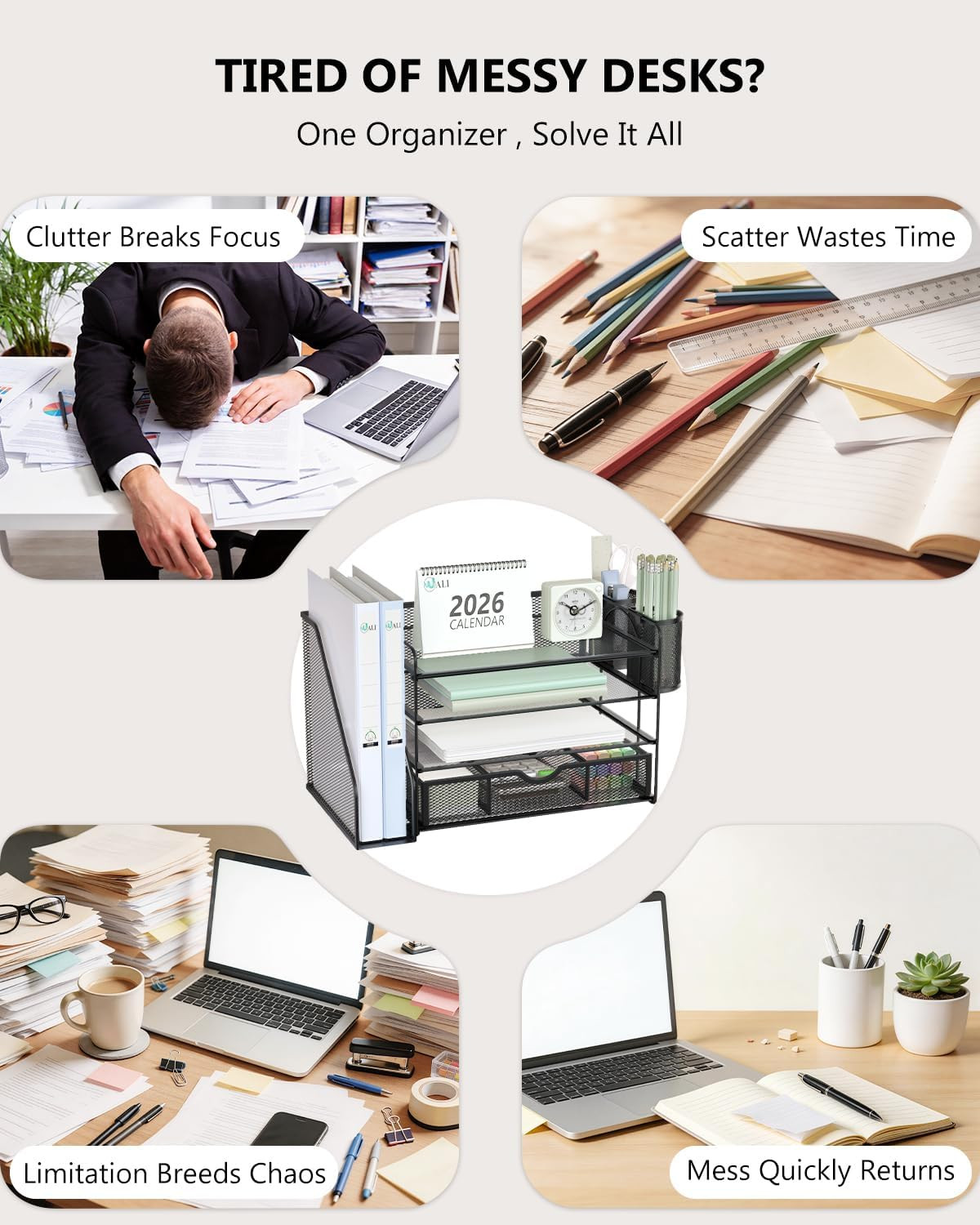 WALI Desk File Organizer, 4 Tier Desktop Paper Letter Tray Organizer with Drawer