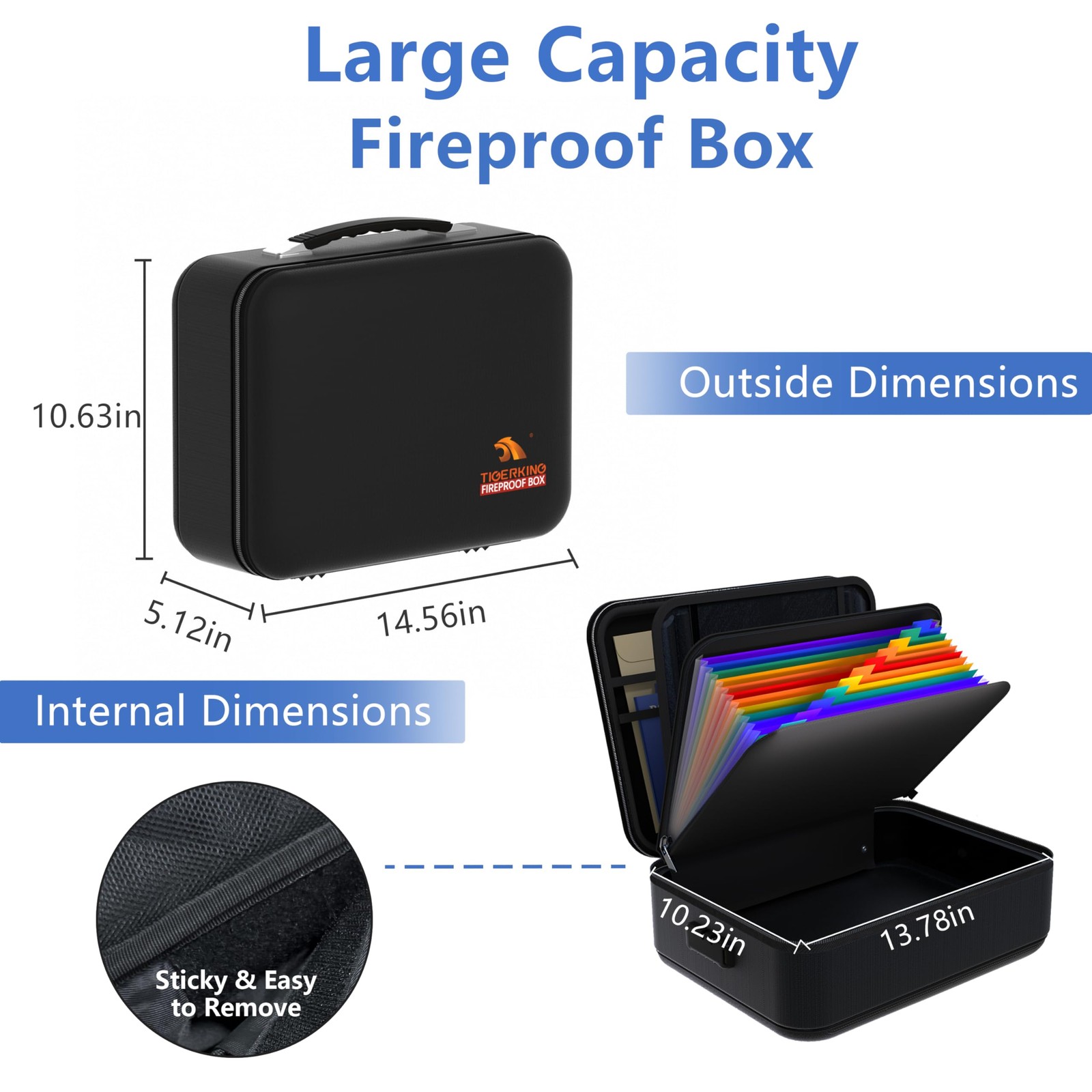 TIGERKING Fire Proof Document Safe Box 14.56 x 5.12 x 10.63 inches, Black