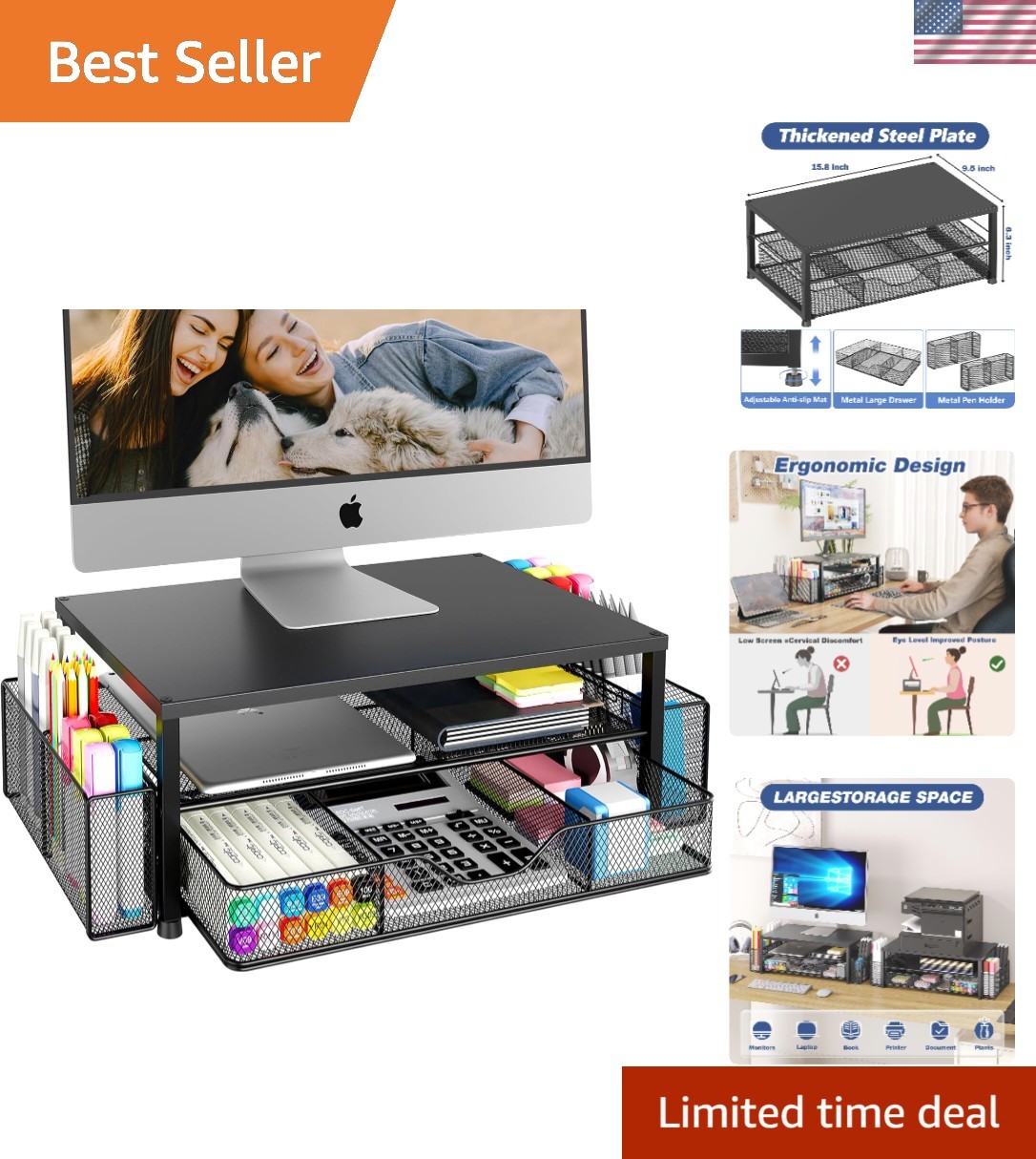 Ergonomic 2-Tier Computer Monitor Stand with Storage – Black Office Essential