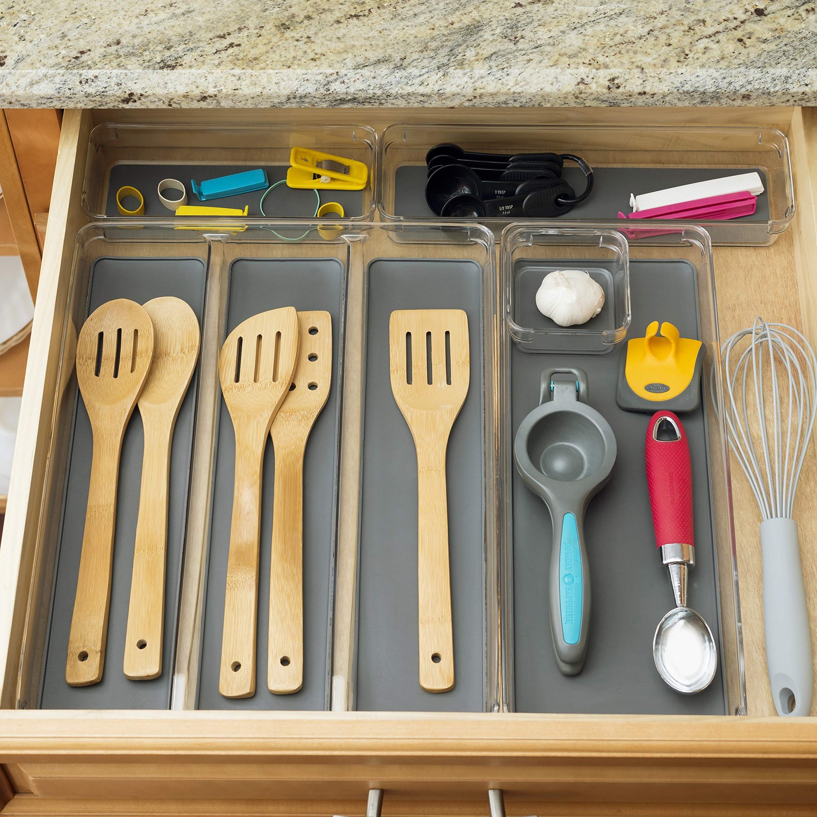 Clear Plastic Drawer Organizer with Grey Rubber Bottom by One Size,
