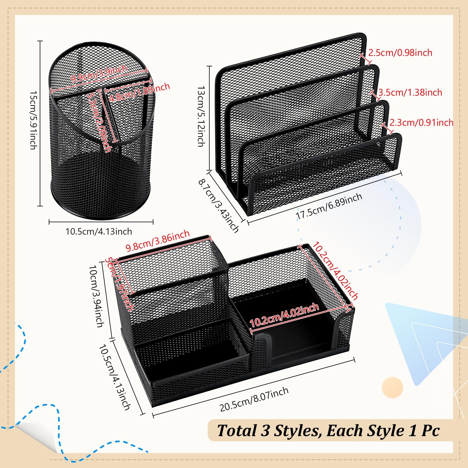 3PCS Metal Office Supply Desk Organizer Mesh Pen Holder with 3 Compartments R…