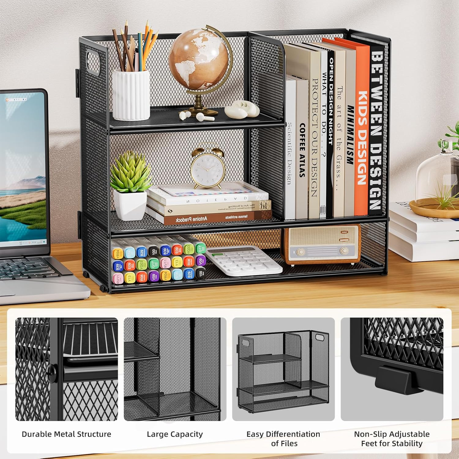 3-Tier Desk Shelf Organizer with Handle, Desktop Bookshelf File Holder, Mesh Dis