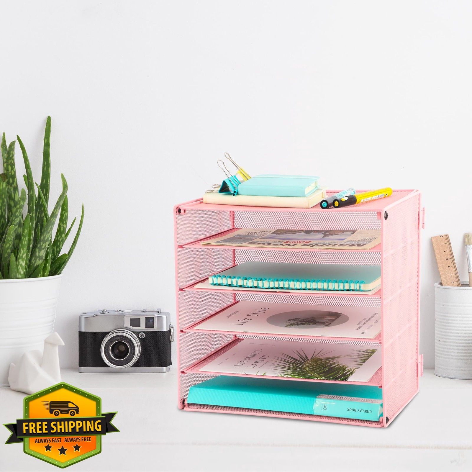 EASEPRES 5 Tier Pink Desk Organizer