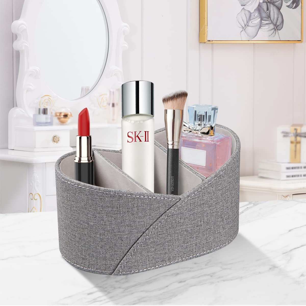 Grey PU Leather TV Remote Control Holder Desk Nightstand Caddy 3 Compartments