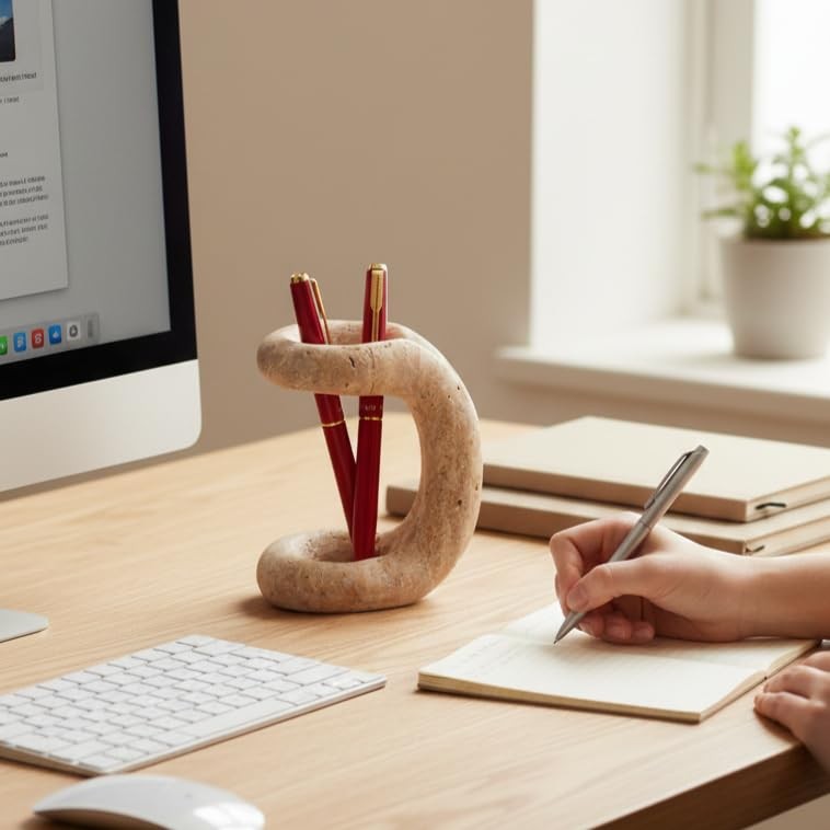 Marble Pen Holder for Desk 4 Inch Travertine Pencil Holder for Desk Accessori…