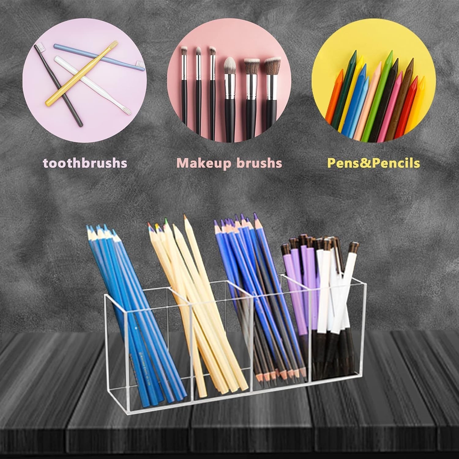 Extra Large Acrylic Pen Holder 4 Compartments,Clear Pen Holder Organizer Makeup
