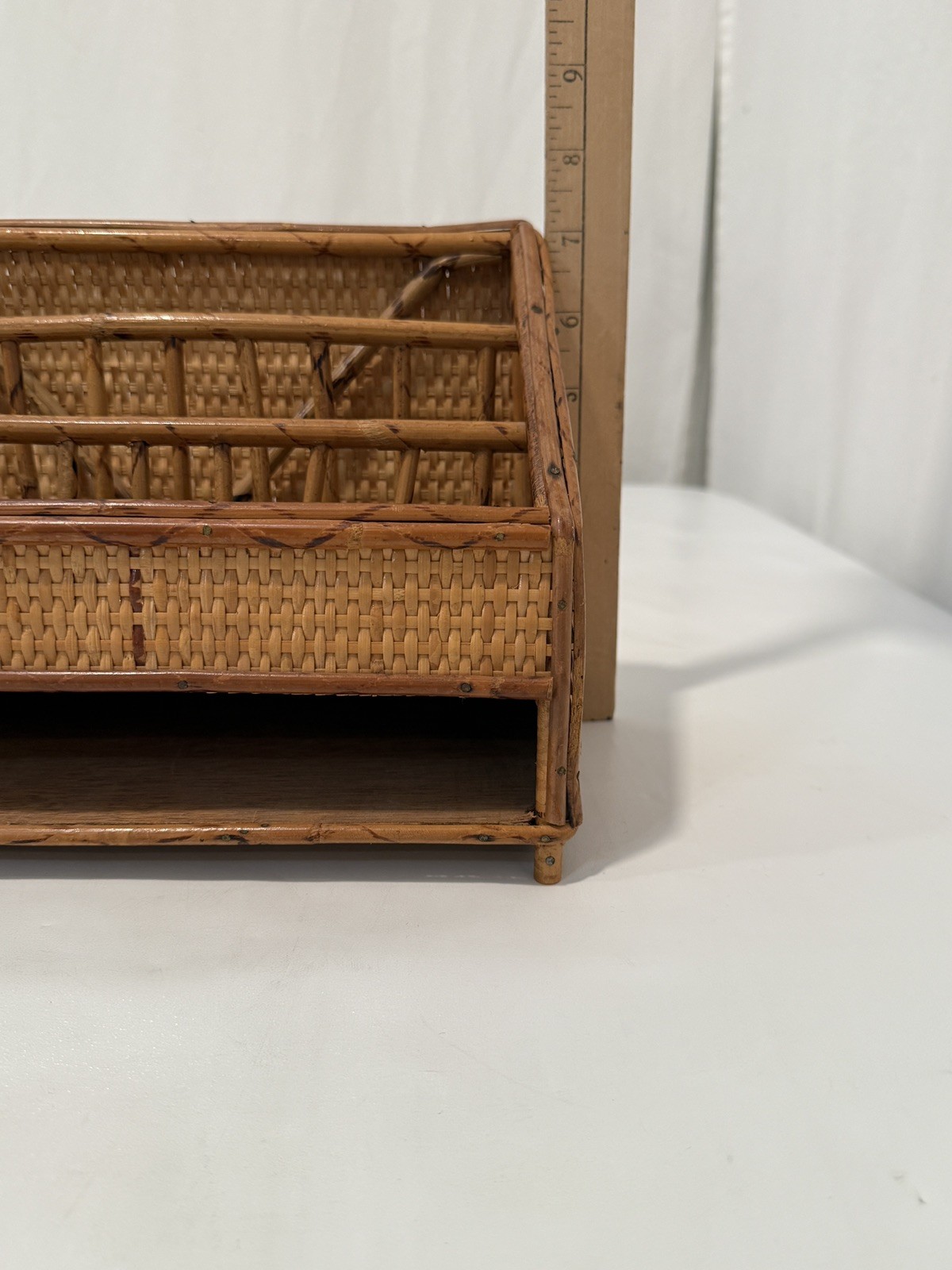VTG Rattan Desk Organizer Letter Tray Bamboo Wicker Boho Hollywood Regency
