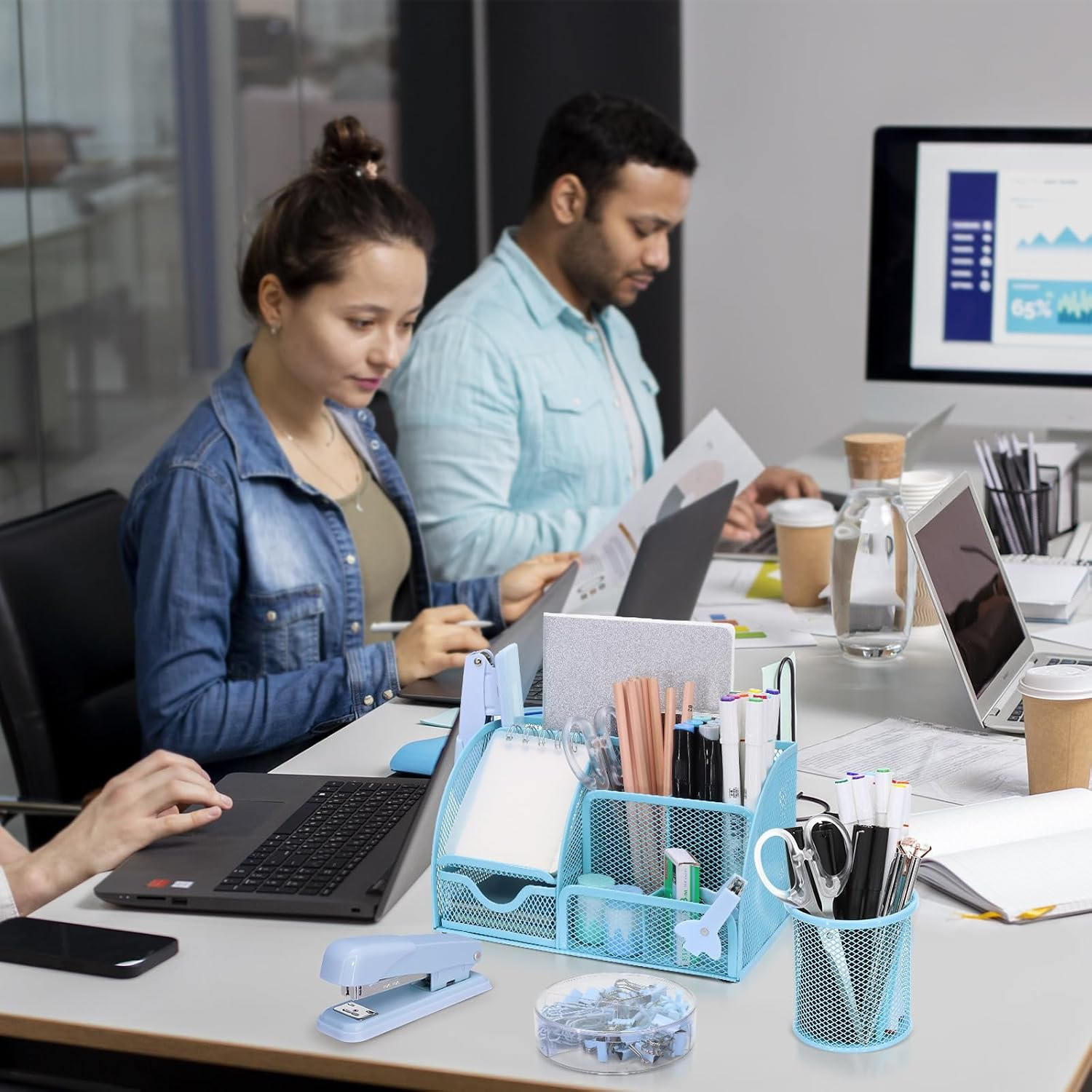 17 in 1 Blue Desk Organizers and Accessories Set, 3 Office Desk Supplies Storage