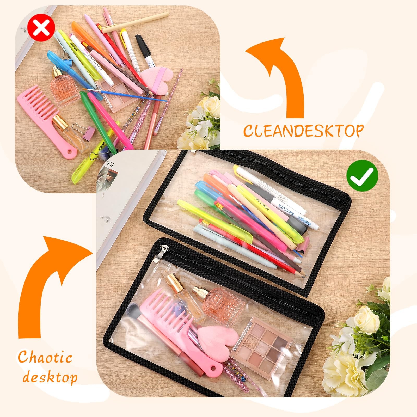 20 Pcs Black Edge 11.4×7.5 In Large Clear PVC Zipper Pencil Document Pouches Set