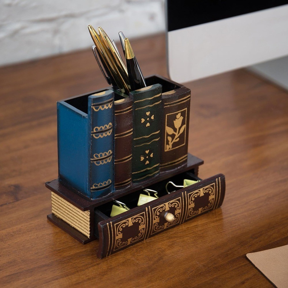 Decorative Desk Organizer Caddy, Pencil and Pen Holder with Bottom Storage