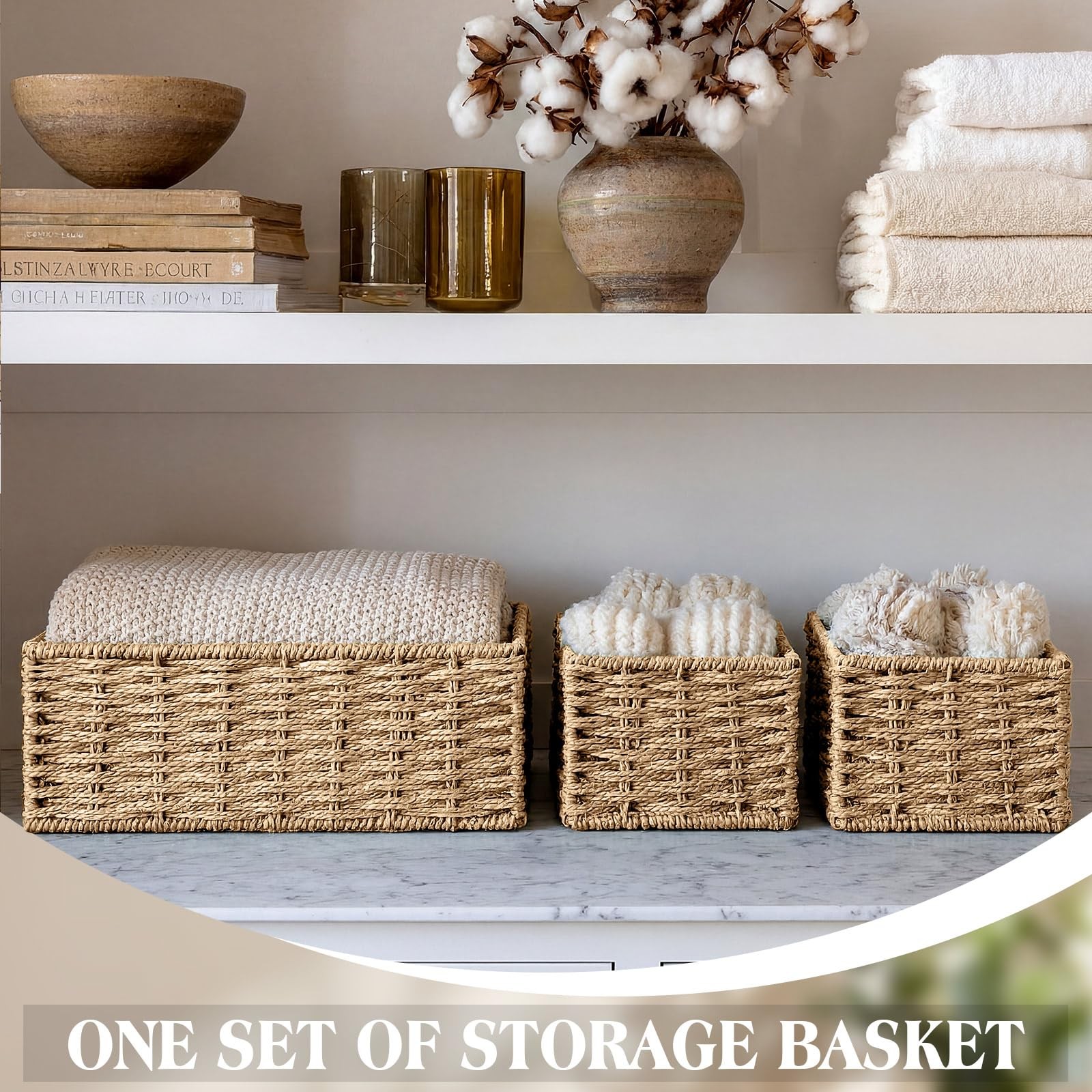 Natural Storage Baskets Set 4 Pack Rustic Paper Rope Woven Basket for Organiz…