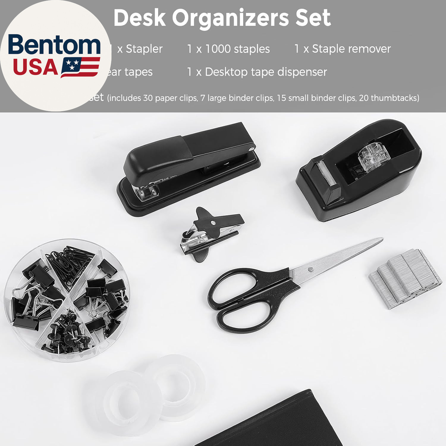 Black Office Supplies Set, Black Desk Accessories, Stapler, Tape Dispenser, Scis