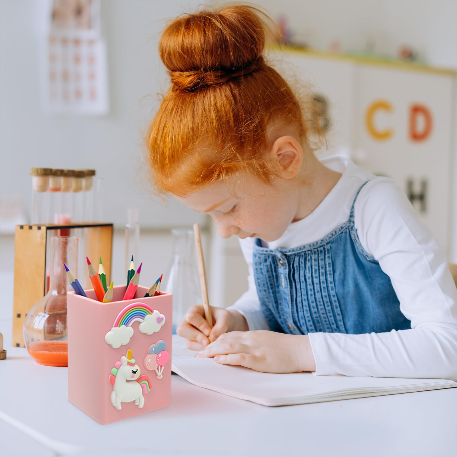 Cute Desk Pen Holder for Girls,Silicone Pink Aesthetic Pencil Cup Organizer f…