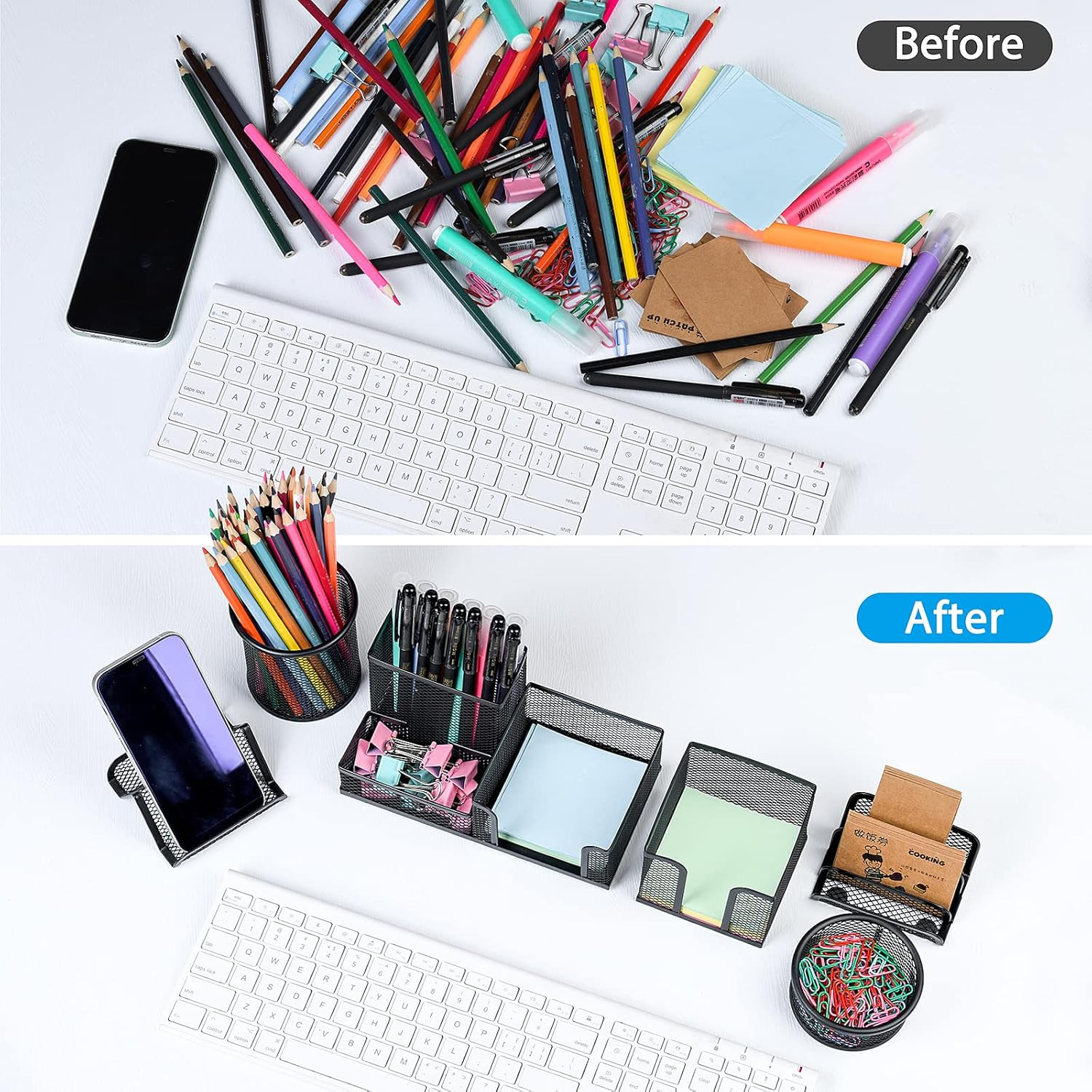Desk Organizers Set with Mesh Pen Holder Cup, 3 Compartments Black Office