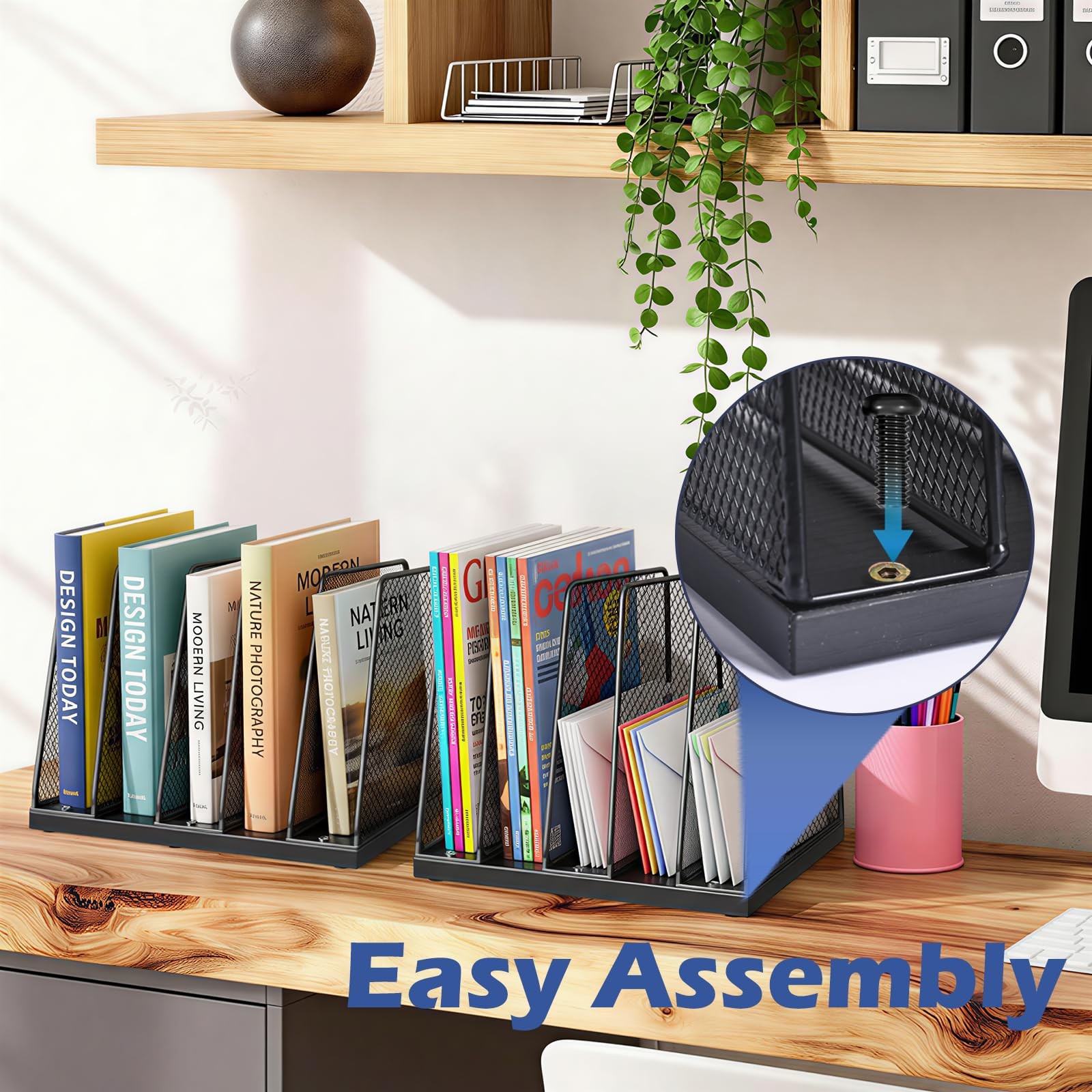 5-Section File Organizer for Desk, Wood Mesh Desktop File Organizer, File Sor…