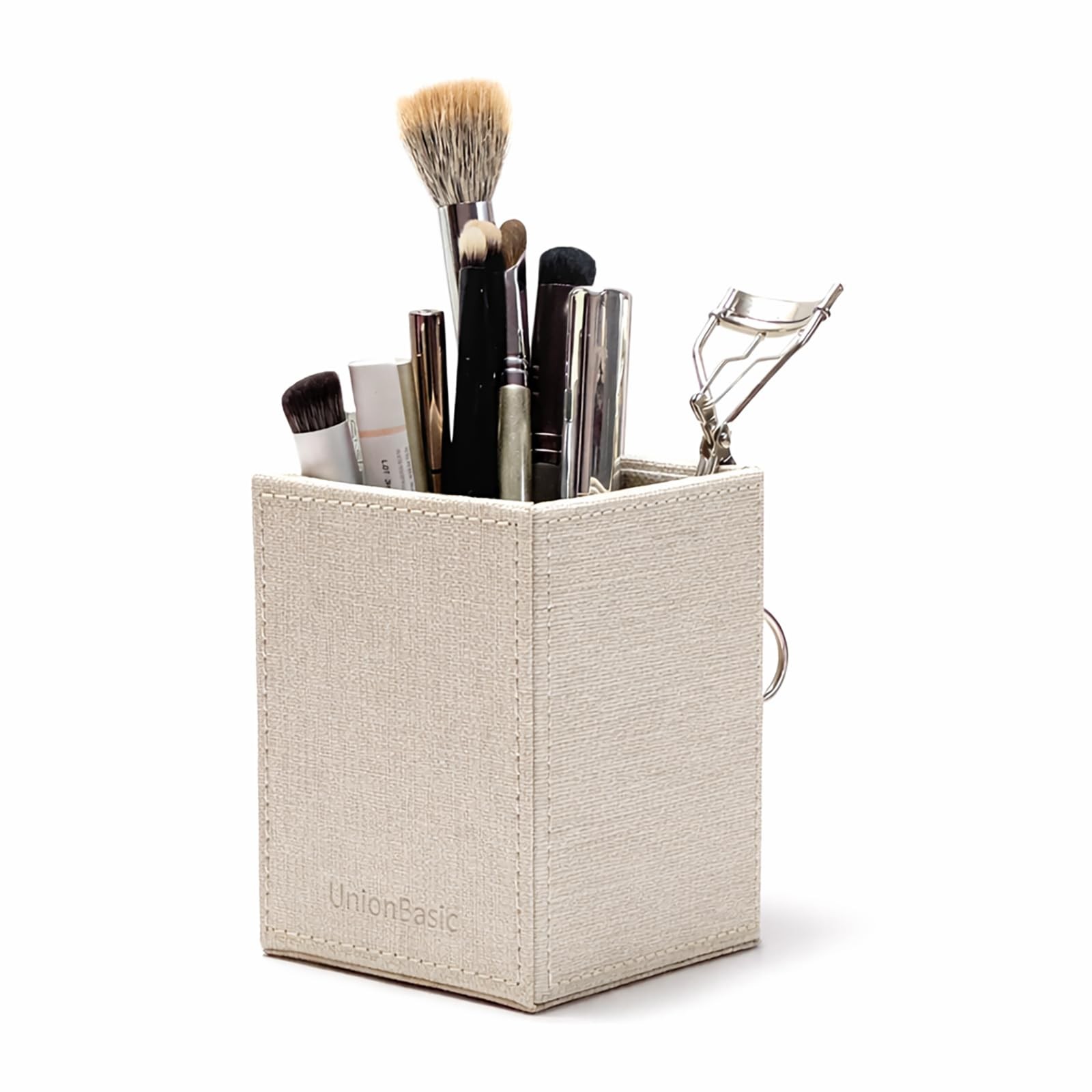 UnionBasic Square Pen Holder, Leather Pencil Cup, Desktop Caddy Beige
