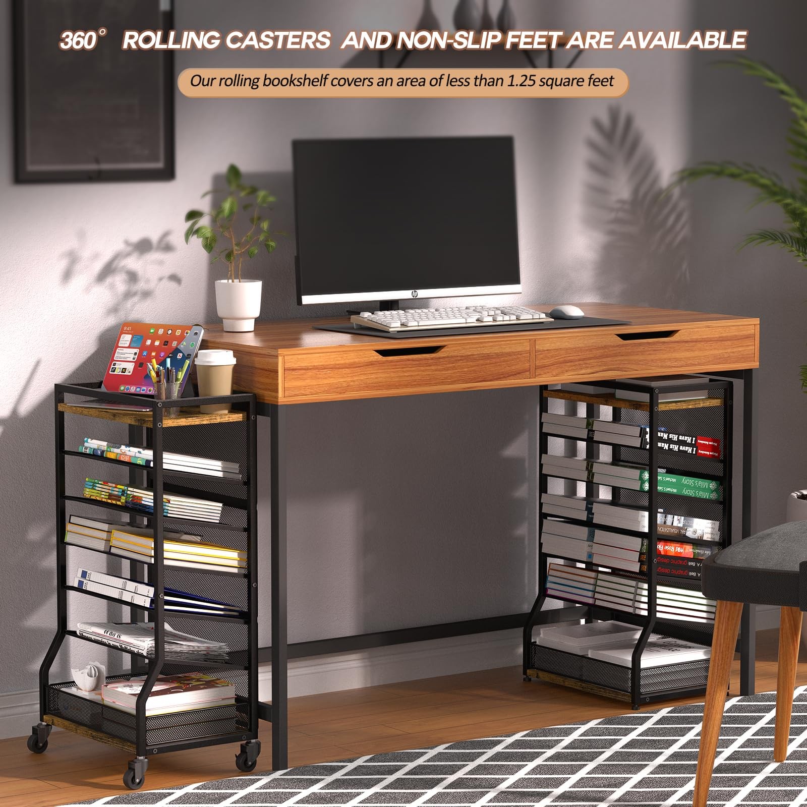 7 Tier Rolling File Cart with Sliding Trays, Wood Metal File Organizer Beside…