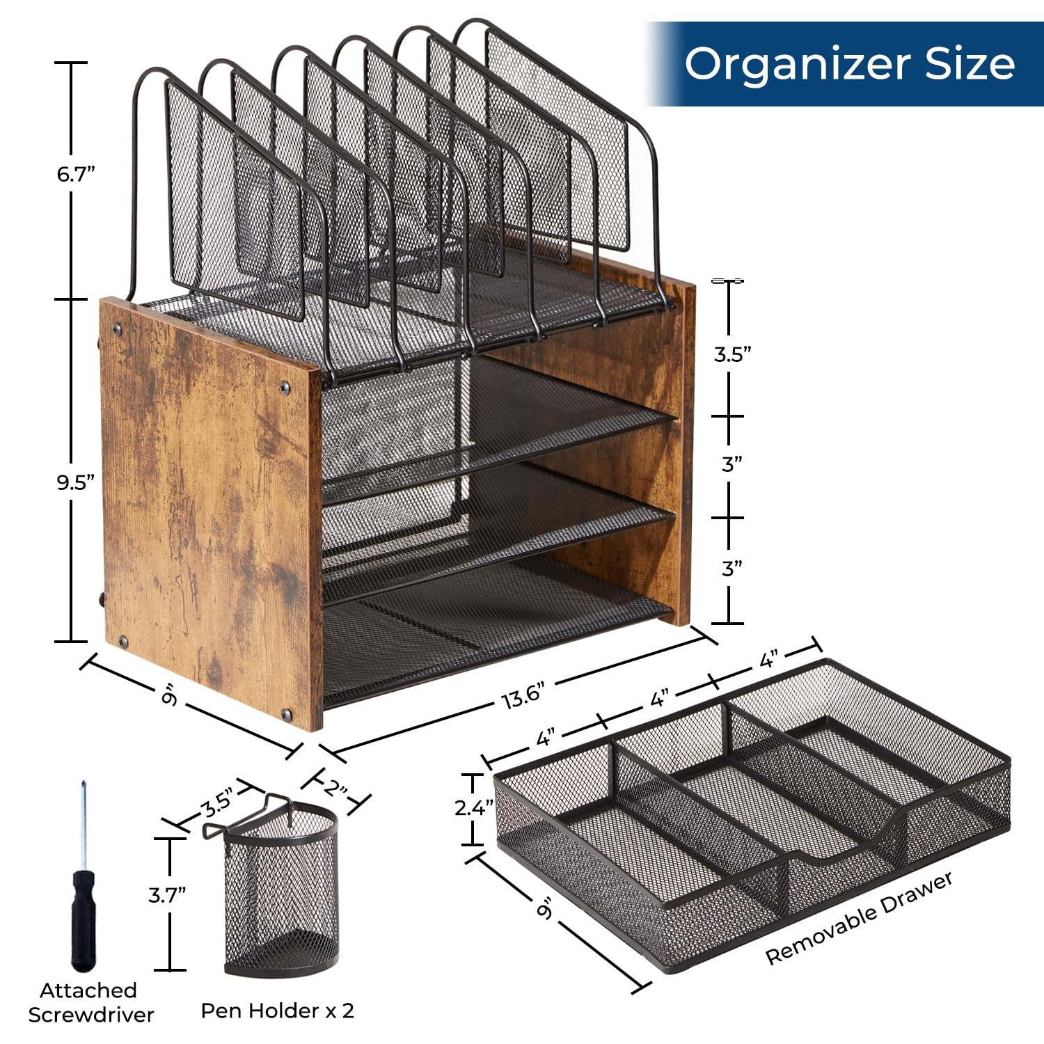 Y YOMA Wooden Desk Organizer, 4-Tier Mesh Organizer with Brown, Black