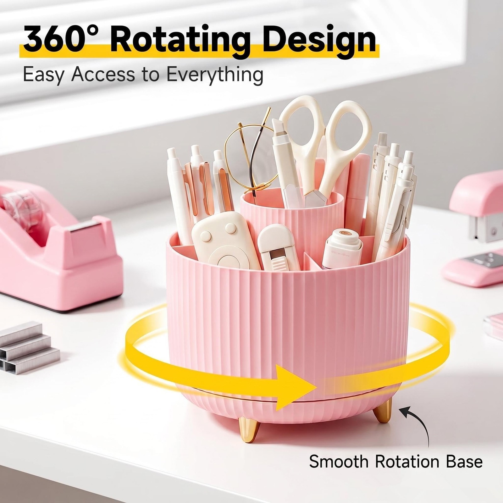 Office Supplies Set Rotating Pen Holder for Desk with Stapler Staple Tape Dis…