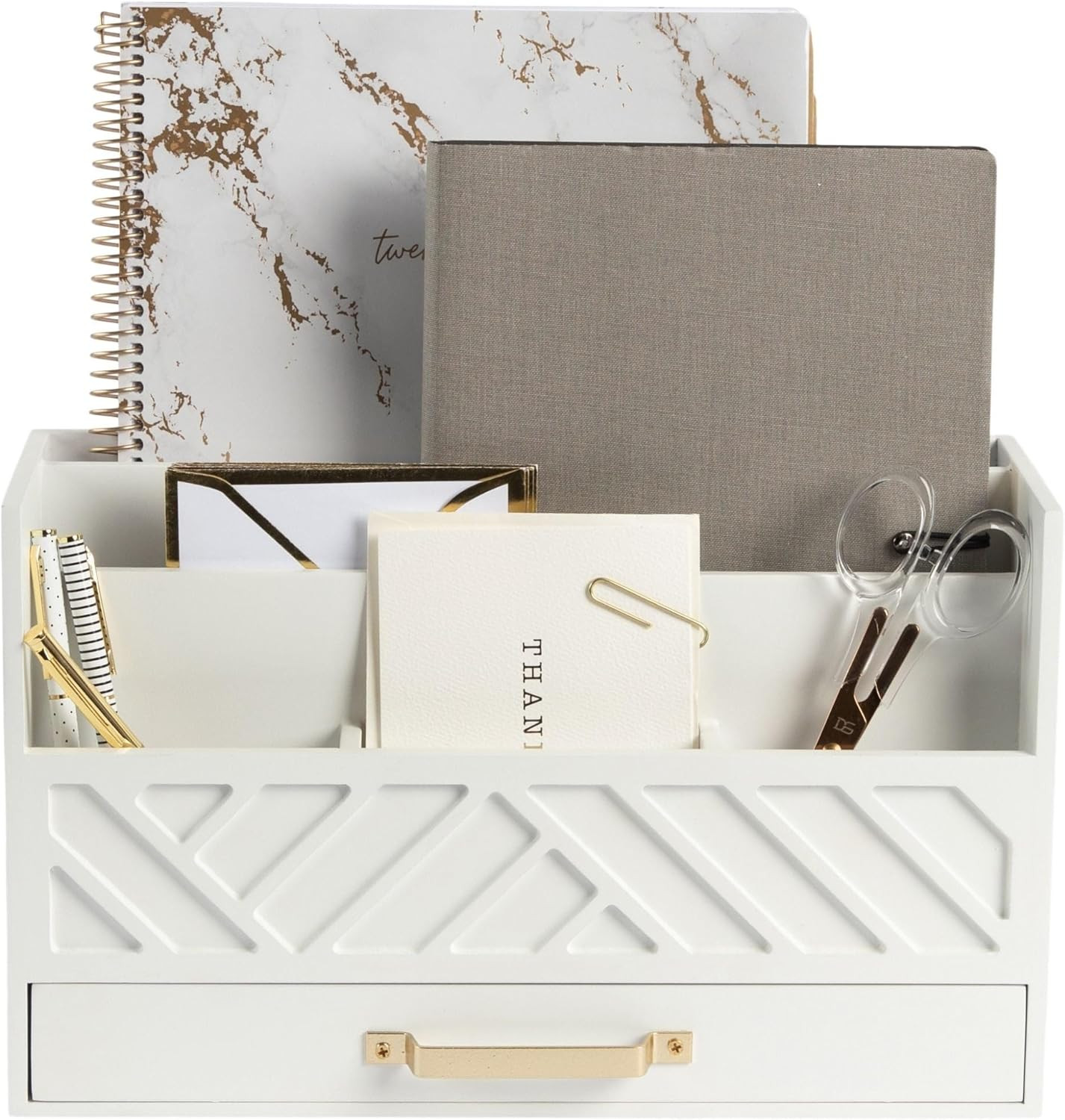 | White Wooden Mail Organizer with Drawer & Gold Handle | Mail Sorter Organizer