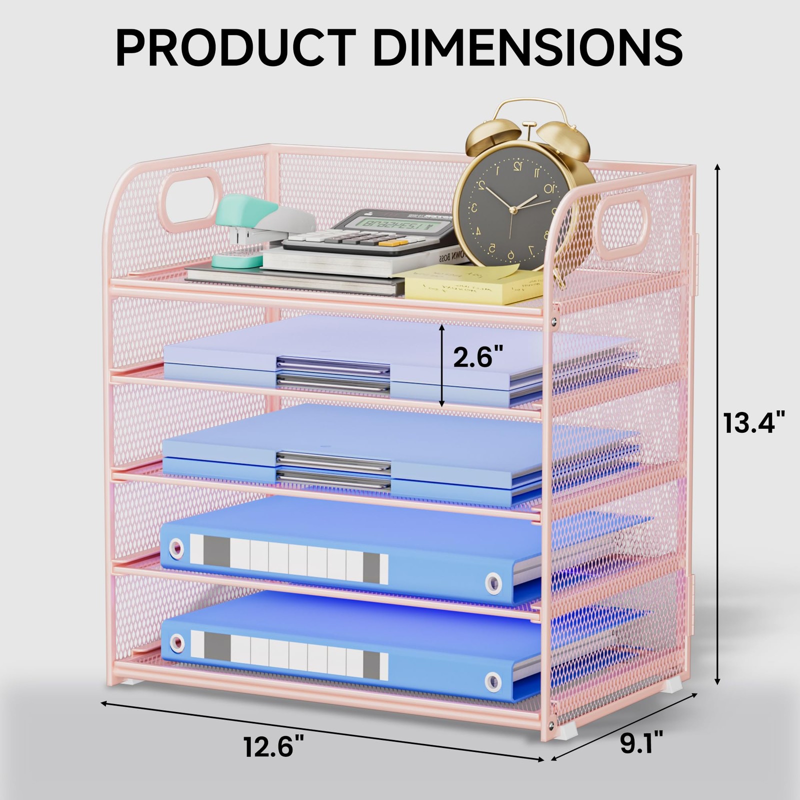 5-Tier Stackable Paper Organizer Handle Pink Metal Mesh Letter Tray File Desk