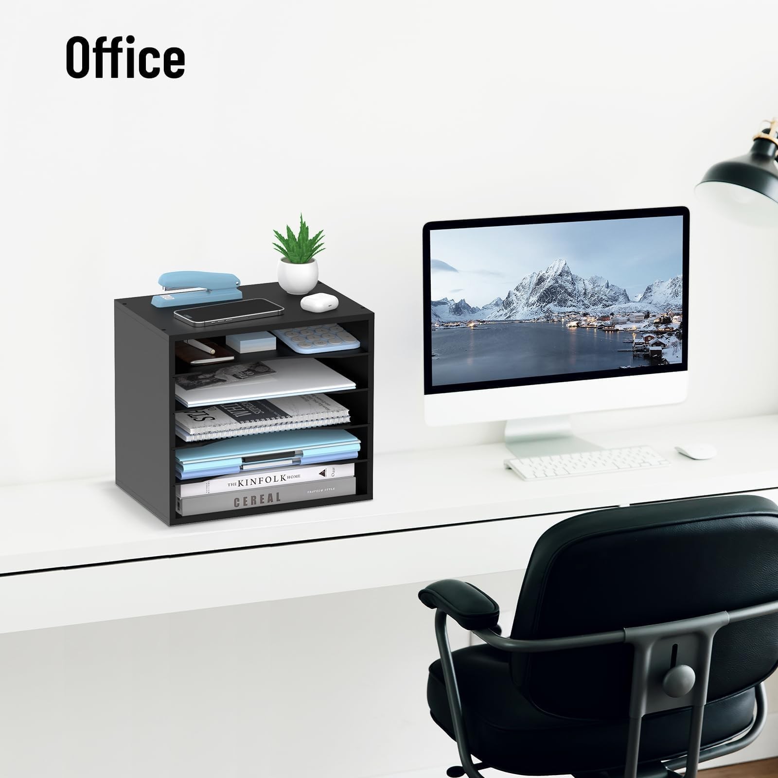 SHARKWOODS 5-Tier Wood Desk Organizer, Paper Tray Organizer for 5 Tier, Black