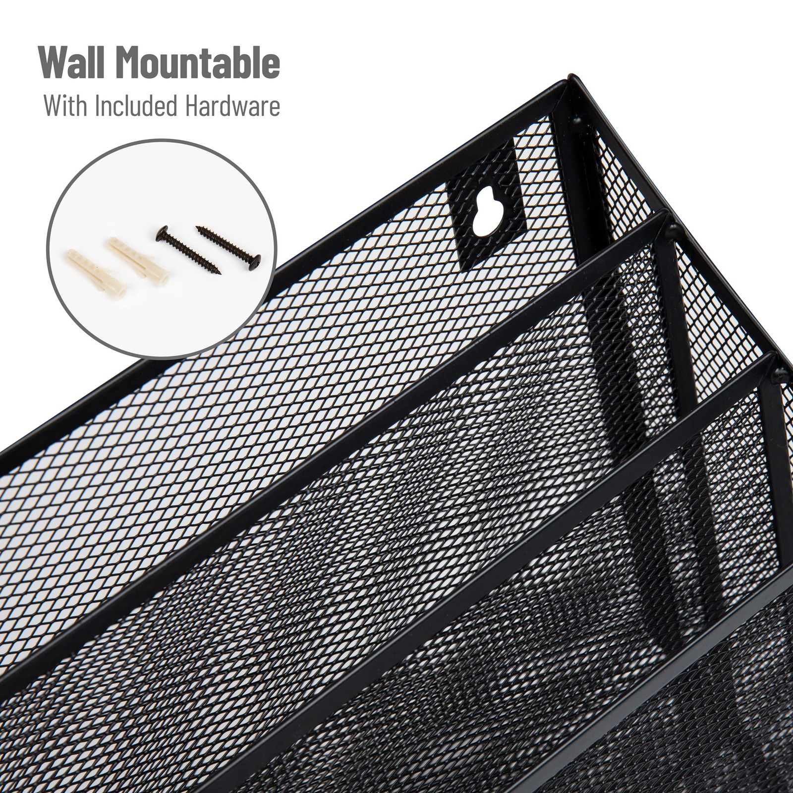 Vertical File Storage, Desktop Organizer, Wall Mount, Office, Metal Mesh, Black