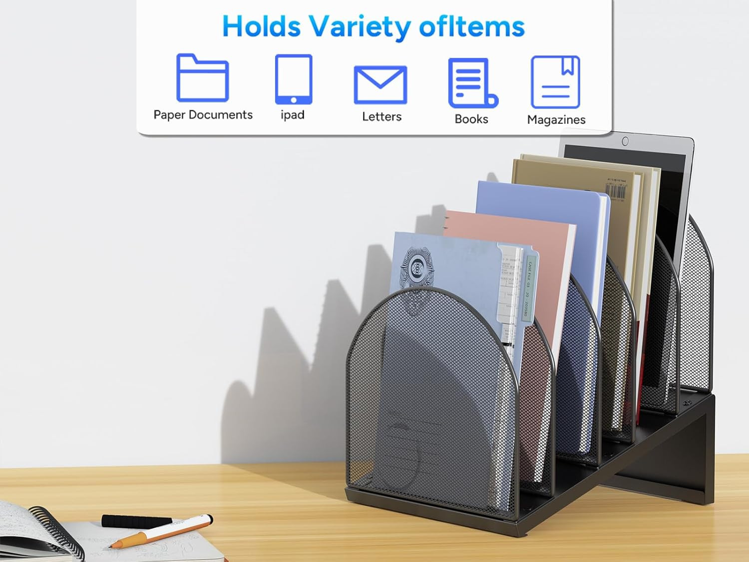 Desktop File Organizer, Desk Organizer with 5 Compartments, Paper Organizer for